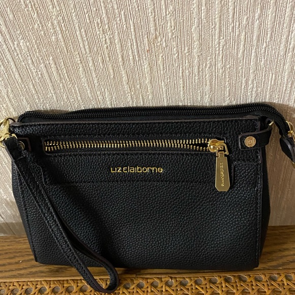Liz Claiborne Black Wristlet with Gold Accents has long strap for crossbody - Picture 3 of 7